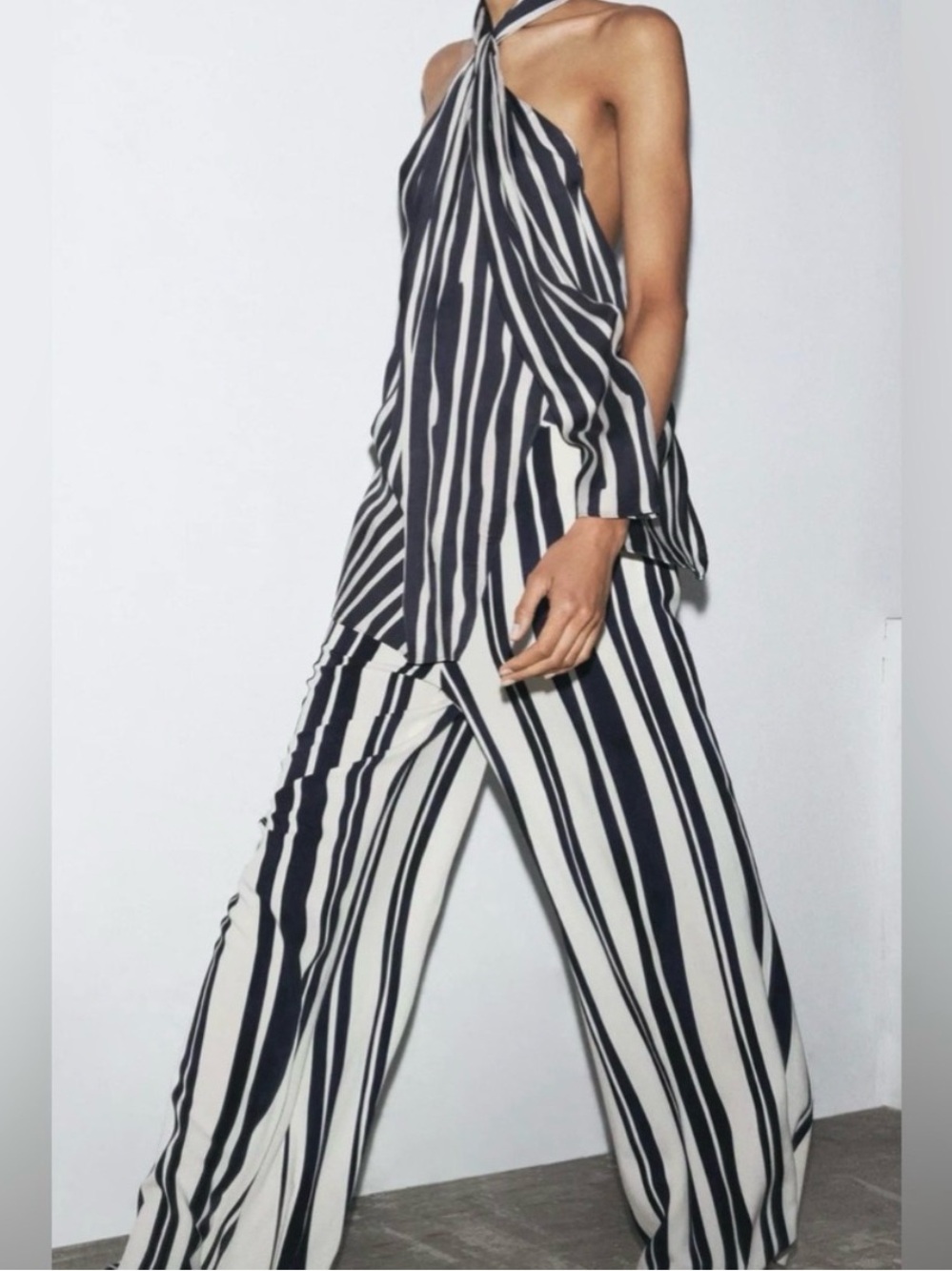 Zara navy and white striped halter top and matching wide-leg pants